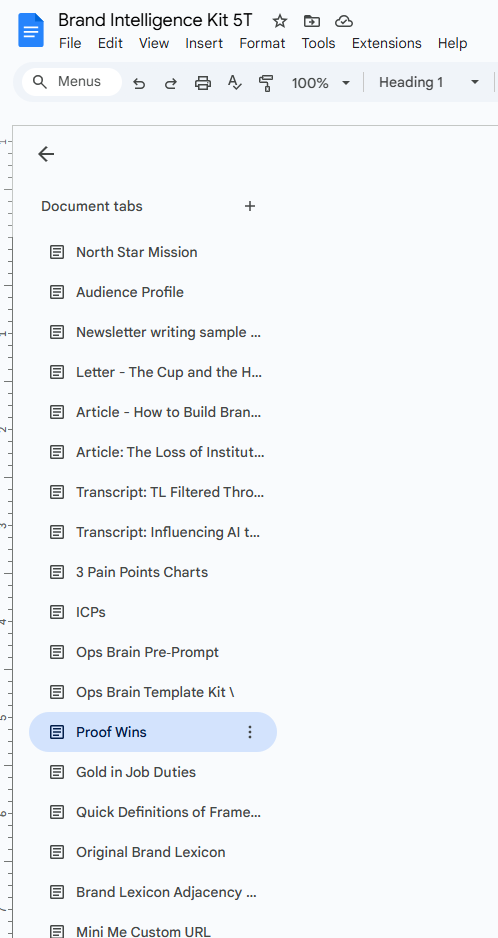 A screenshot of the Google Doc and tabs that make up Sorilbran's Brand Intelligence Kit