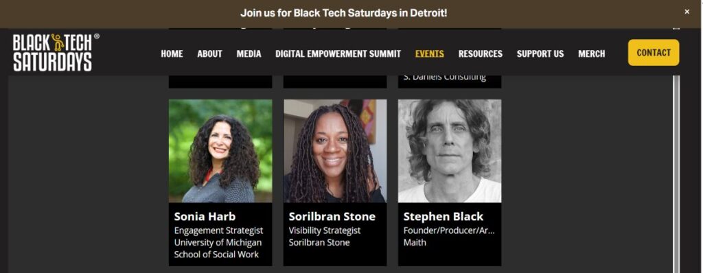 Screenshot of Black Tech Saturdays speaker list for 2025 Digital Empowerment Summit - included in the pic is a headshot for Sorilbran Stone Visibility Strategist