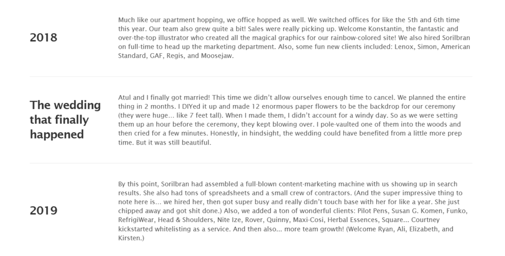 Screenshot from The Shelf's about page of a narrative written by the cofounder, confirming when Sorilbran joined the team and what she accomplished the first year as the marketing lead.