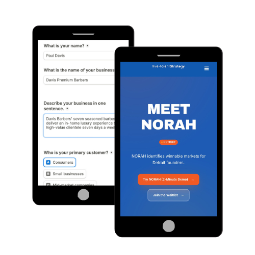 A graphic showing screenshots of NORAH's Founder Intake Form - NORAH by Five-Talent Strategy House (1)