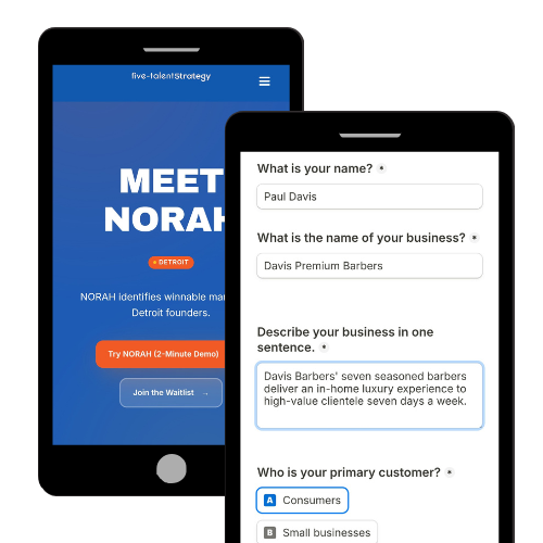 A graphic showing screenshots of NORAH's Founder Intake Form - NORAH by Five-Talent Strategy House