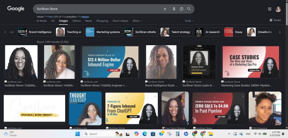 A screenshot of Google Images results for Sorilbran Stone that shows her entity is still tied to dreadlocks.