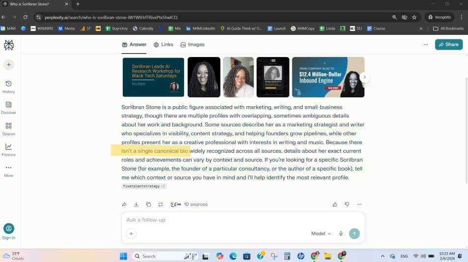 Screenshot taken in early February of a Perplexity response that identifies the sudden gap in Sorilbran's knowledge graph as being the result of her not having a canonical bio