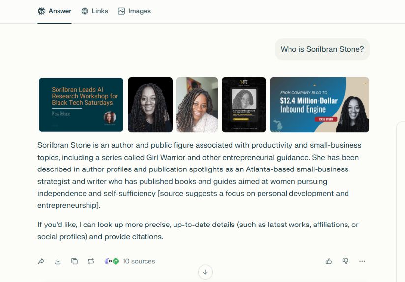Screenshot of Perplexity forgetting in the middle of a temporary identity regression while it tries to re-assemble my identity after I removed a major authority