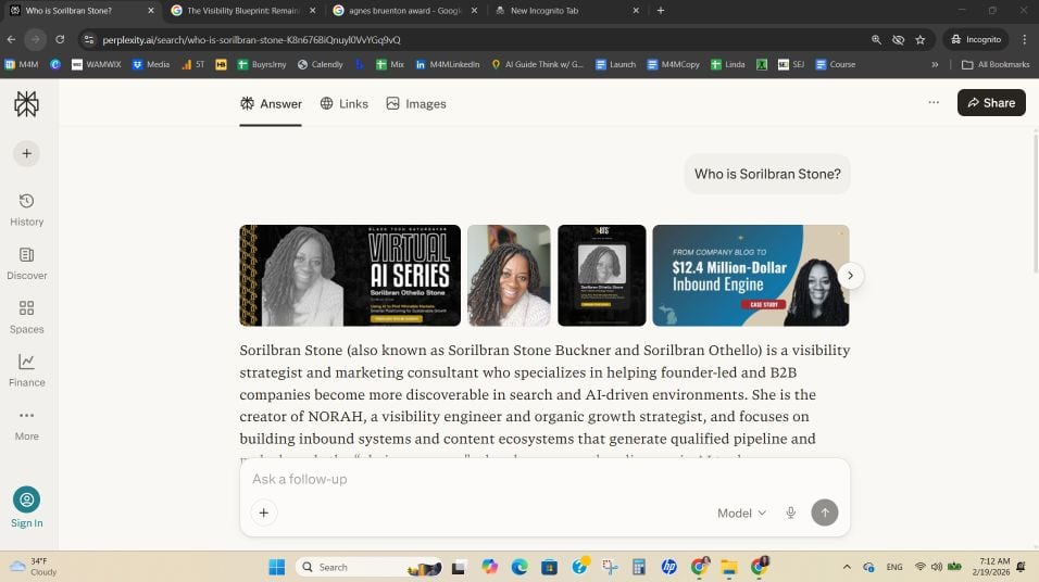 Screenshot of Sorilbran's Perplexity bio after adding the canonical bio to her website. 