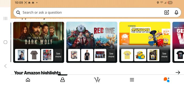 Screenshot of merch cards based on Sorilbran's Amazon watch history - screenshot includes The Terminal List: Dark Wolf and Red One