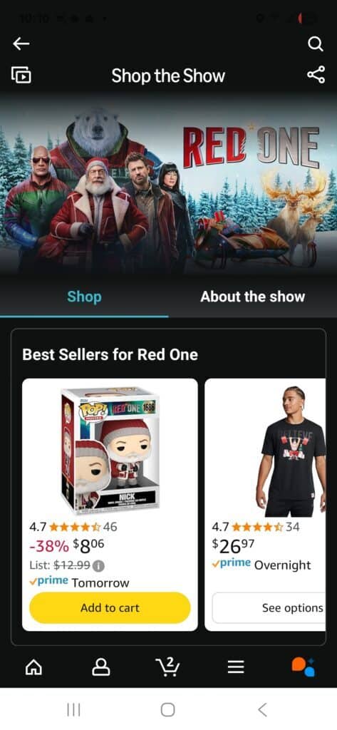 Screenshot of Red One merch during winter holidays 2025 - a year after Red One underperformed in theatrical releases.  Amazon thinks of the movie as IP - less about art and more about attribution and downstream revenue
