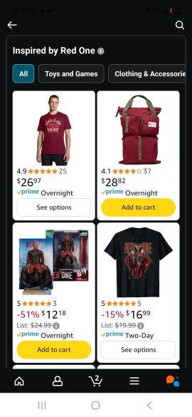 Screenshot #2 of Red One merch during winter holidays 2025 - a year after Red One underperformed in theatrical releases.  Amazon thinks of the movie as IP - less about art and more about attribution and downstream revenue