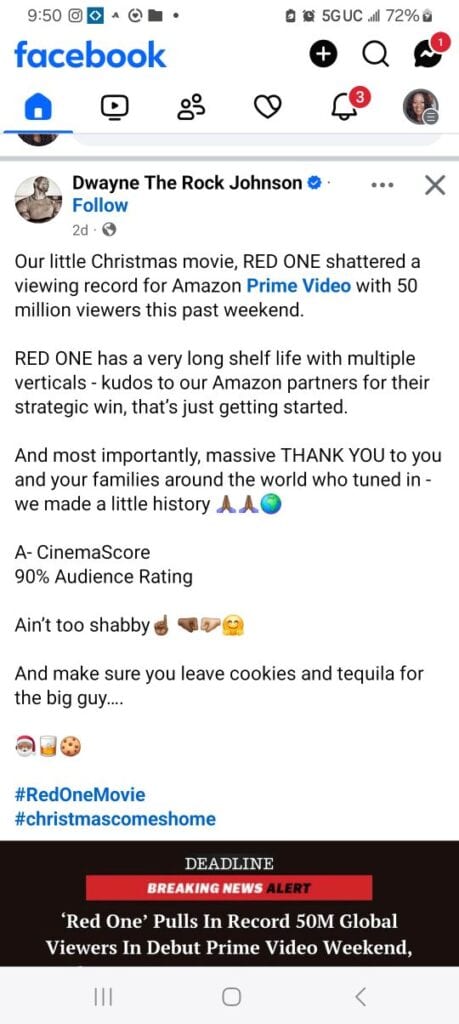 Dwayne Johnson talking about how RED ONE shattered a viewing record for Amazon Prime Video streams.