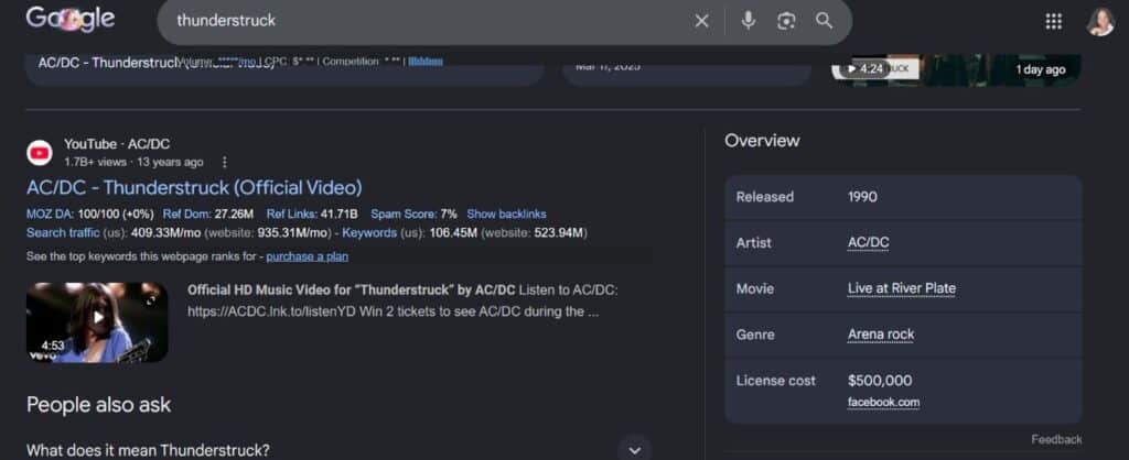 Knowledge panel for ACDCs Thunderstruck - includes 500000 dollar licensing feee with link