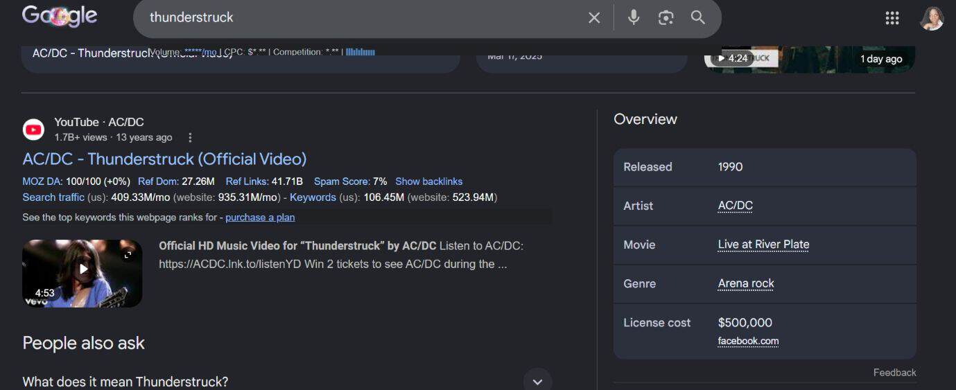Google search results for Thunderstruck. The knowledge panel overview lists: released 1990, artist AC/DC, movie Live at River Plate, genre arena rock, and license cost $500,000, with a source link to facebook.com.