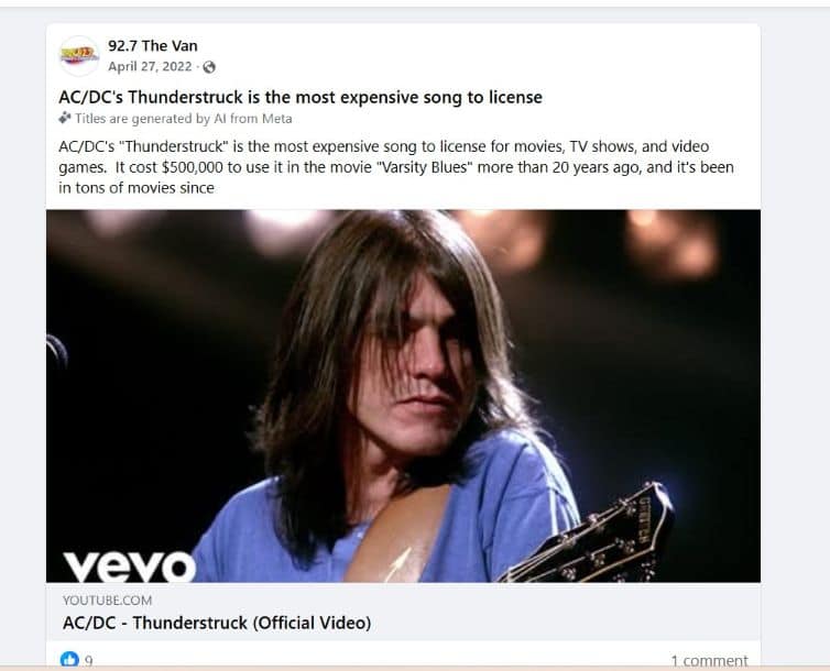 Screenshot of a FB post from radiostation with link to ACDC Vevo for Thunderstruck - pic features Malclm Young on guitar