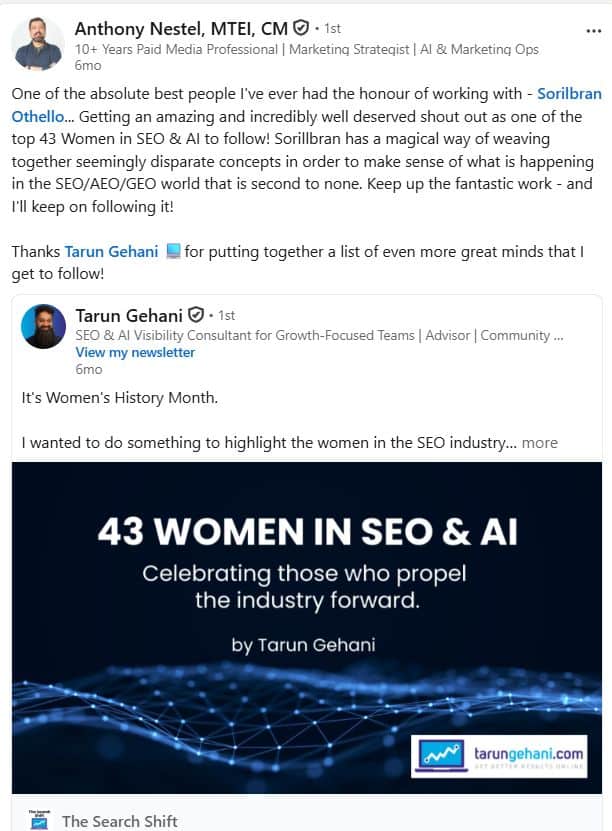 Screenshot of LinkedIn endorsement of Sorilbran Stone by Anthony Nestel