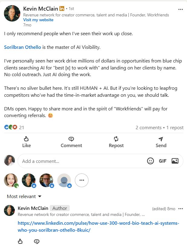 Screenshot of LinkedIn endorsement of Sorilbran Stone by Kevin McClain