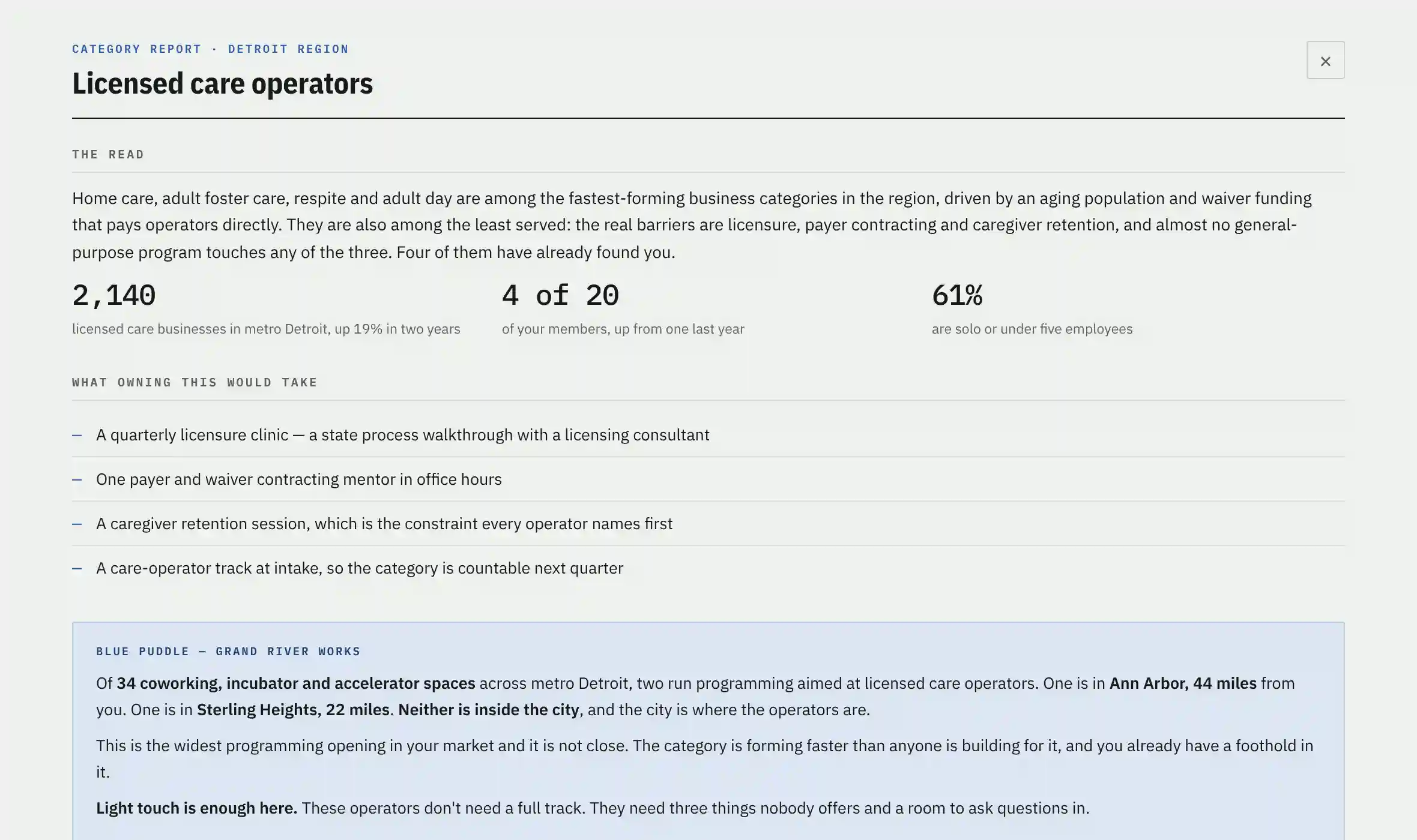 NORAH category report on licensed care operators, including the organization's own blue puddle opening