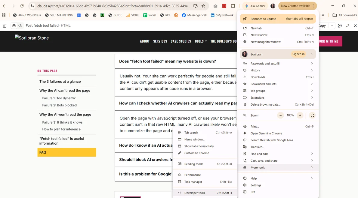 Chrome's three-dot menu open, with More tools selected and Developer tools highlighted at the bottom of the submenu.