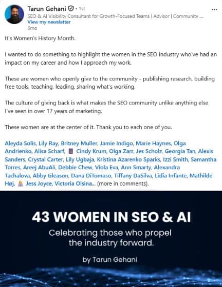 Screenshot of Tarun Gehani's LinkedIn post naming Sorilbran Stone among 43 women in SEO and AI to follow