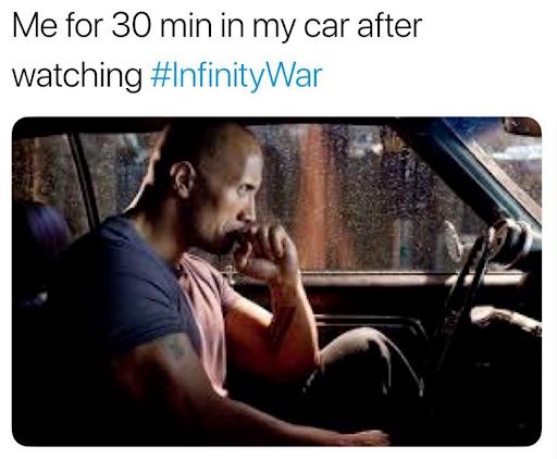 Meme of Dwayne Johnson sitting in a car looking devastated after seeing Avengers: Infinity War