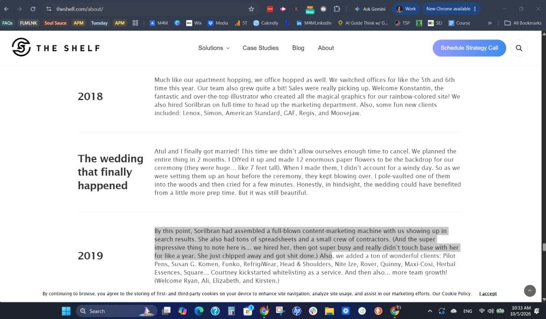 Screenshot of The Shelf company history describing the content-marketing machine Sorilbran Stone built